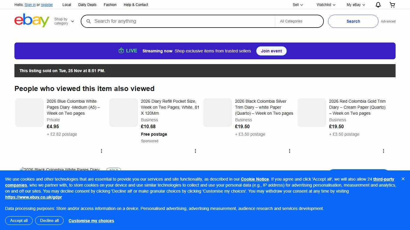 2026 Black Colombia White Pages Diary – Large (Quarto) – Week on Two pages | eBay UK